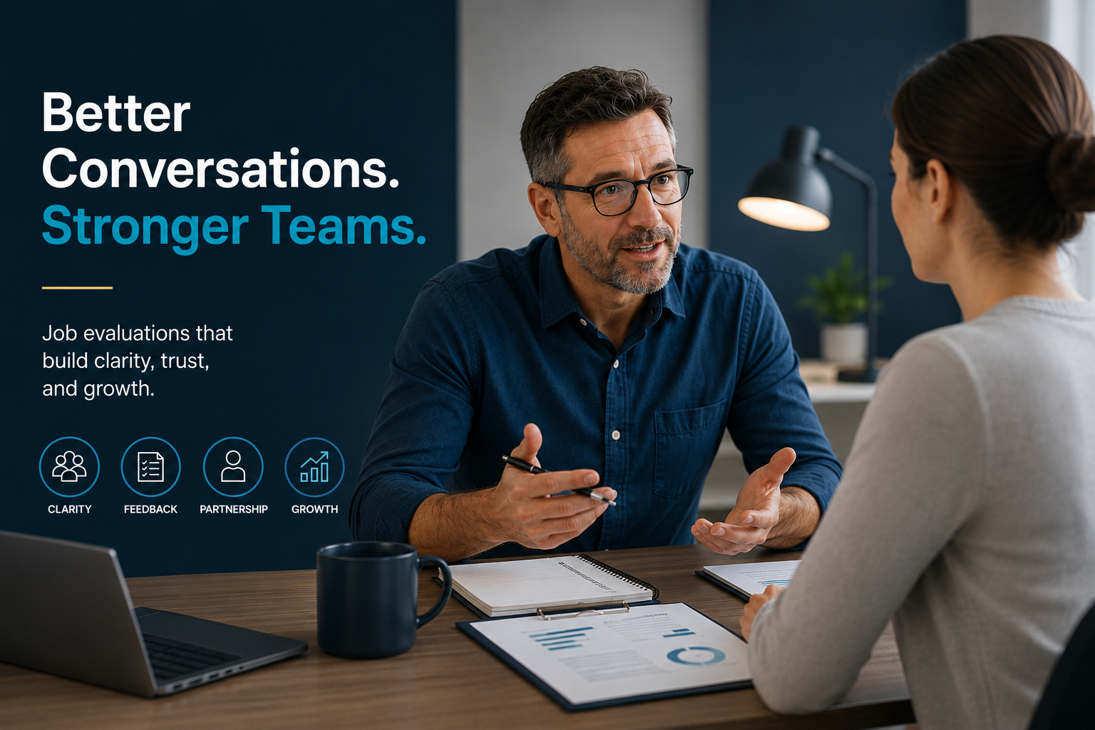Manager conducting a professional employee evaluation meeting focused on feedback, communication, growth, and team development.