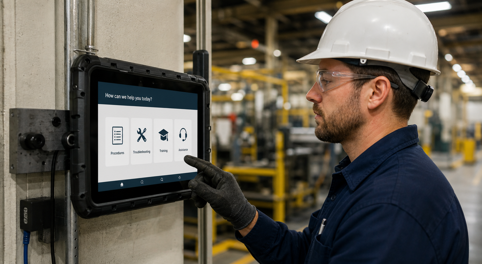Manufacturing technician accessing embedded SOPs and training on a workstation tablet