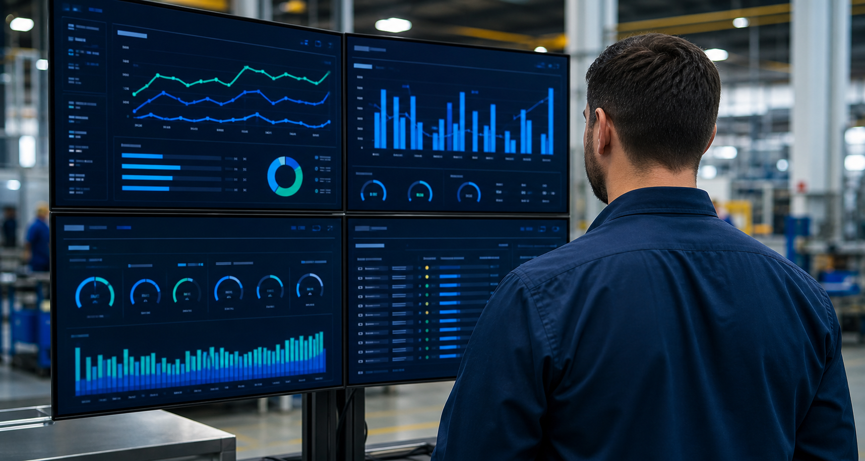 Operations manager reviewing connected production dashboards